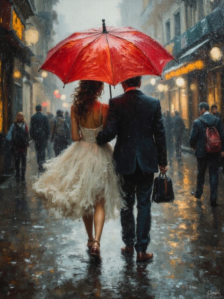 Couple in Rainy Street as Oil Painting