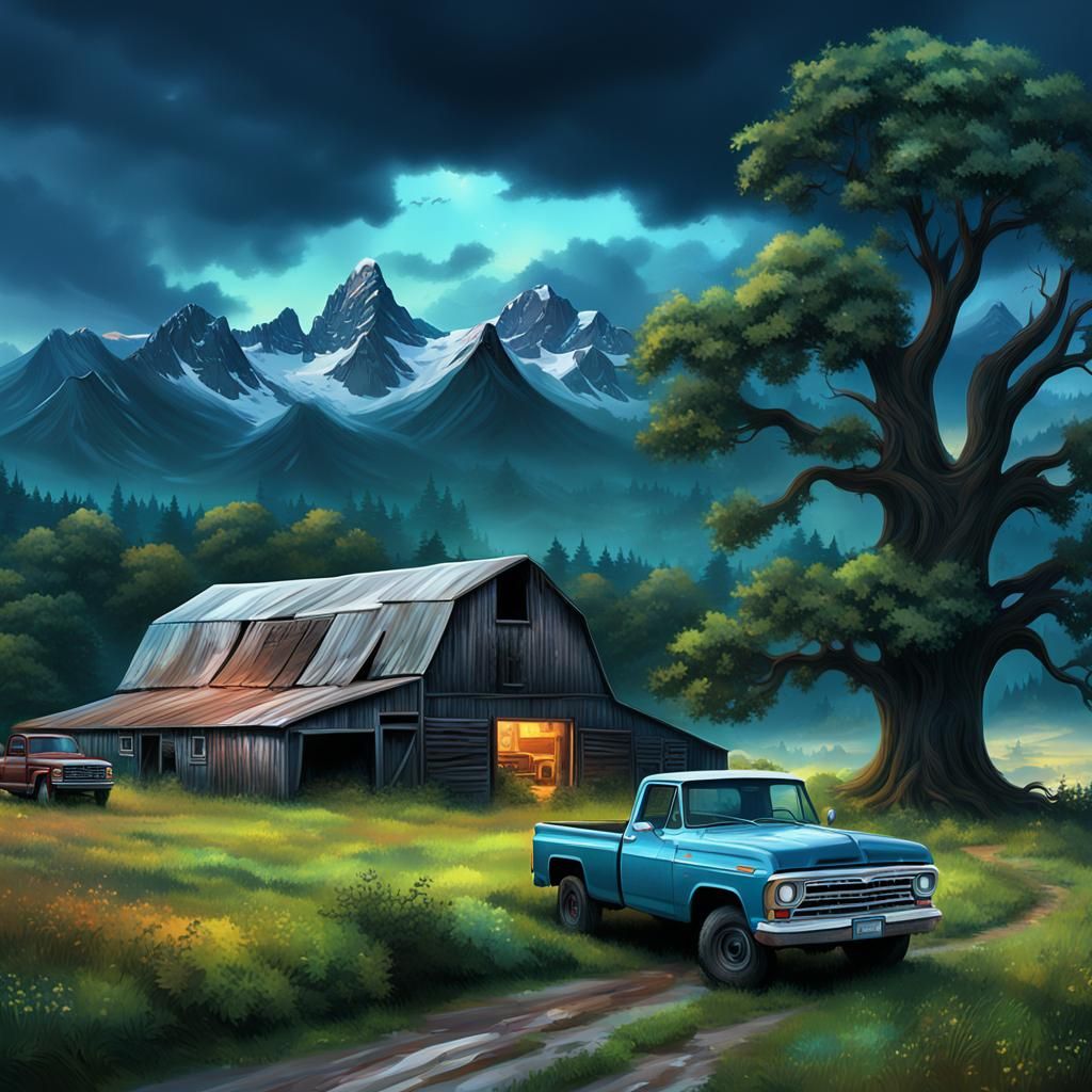 Bob Ross Style Barn and Truck Tree View