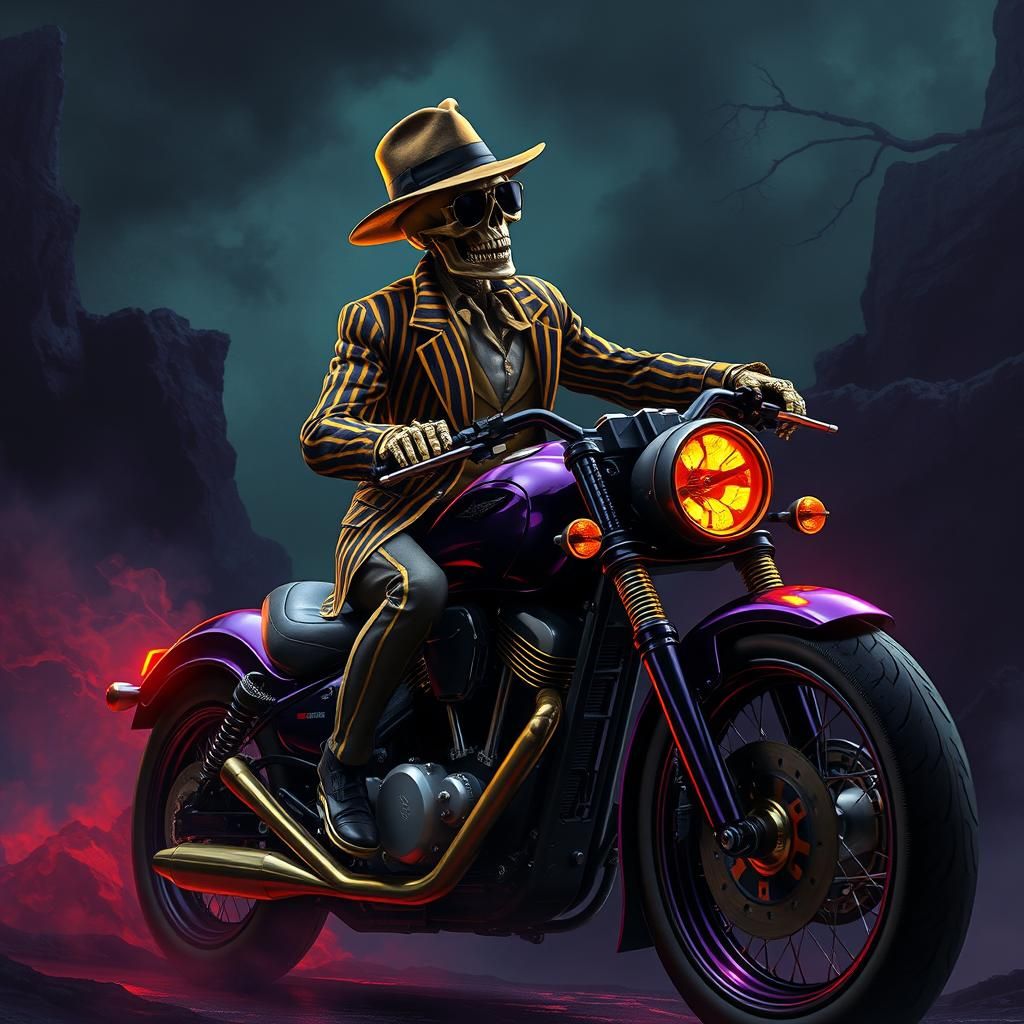 Gangster Skeleton Motorcycle Ride in Art Nouveau Style