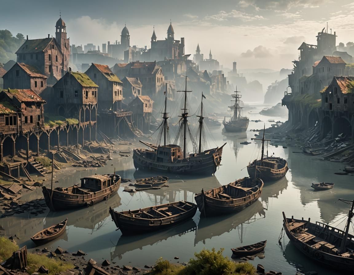 Misty Abandoned City with Shipwrecks
