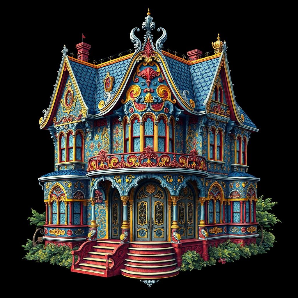 Ornate House Illustration in Art Nouveau Style