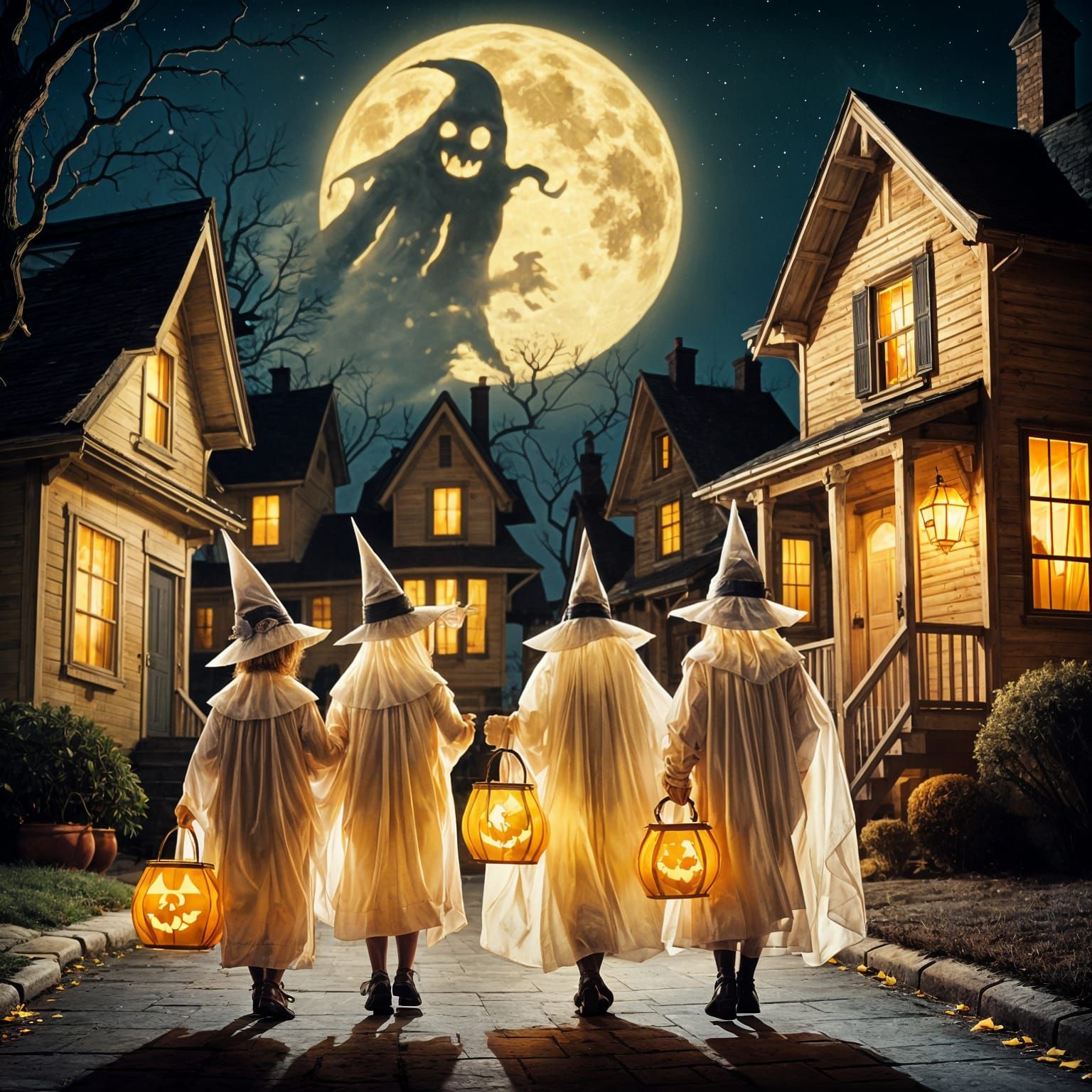 Nostalgic Halloween Trick-or-Treating in Retro Animation Sty...