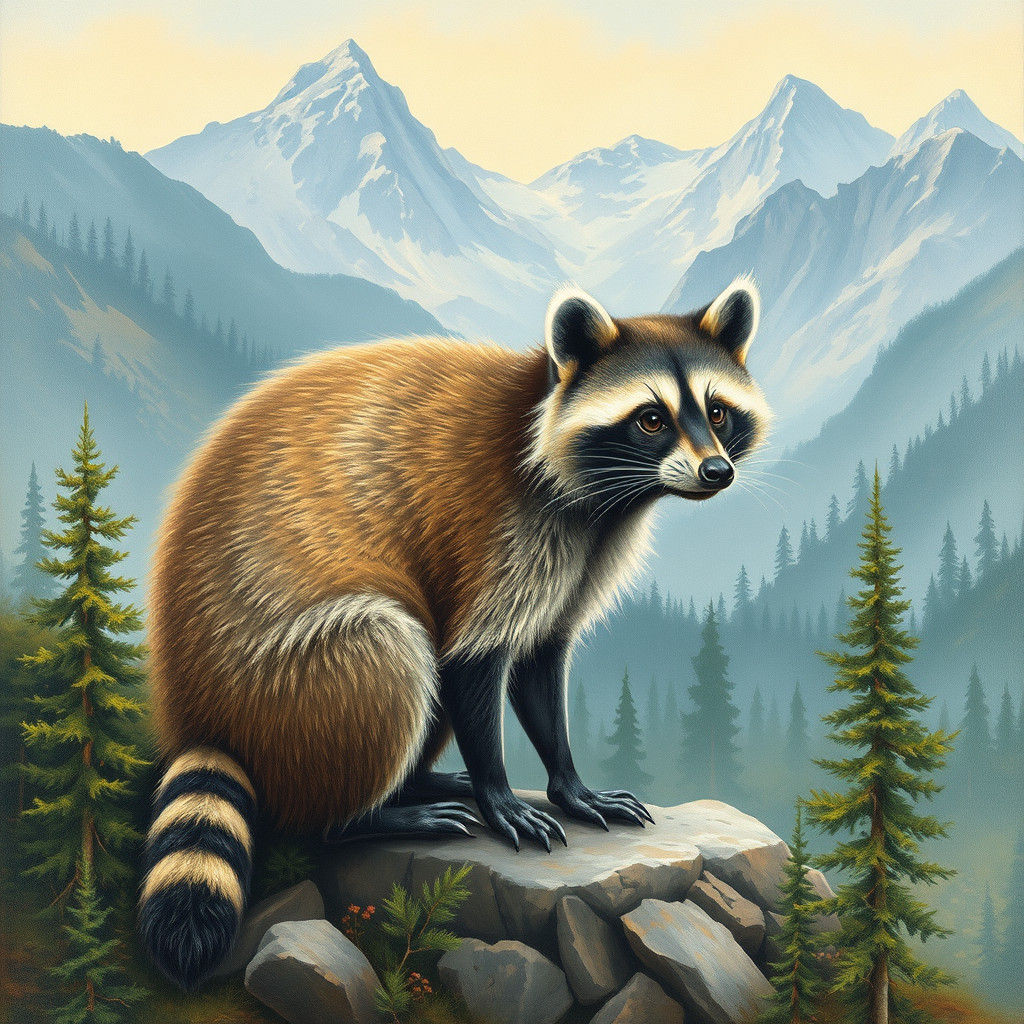 Racoon in Mountain Forest Painting