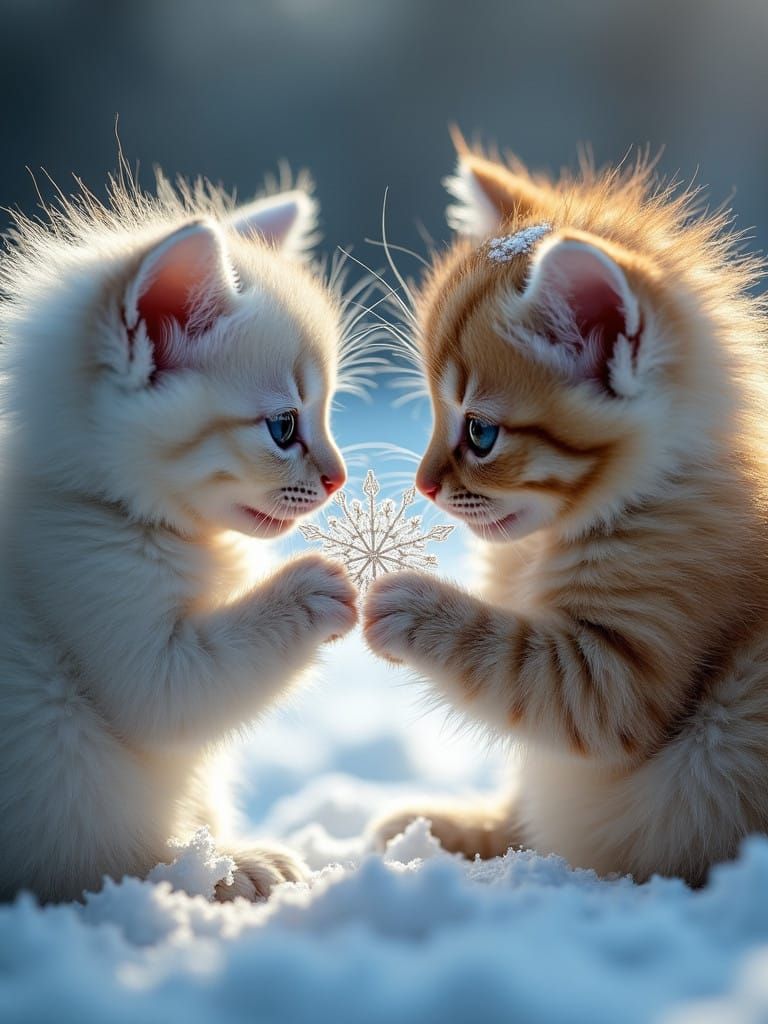 Impressionist-Style Macro Shot of Snowflake Between Fluffy K...