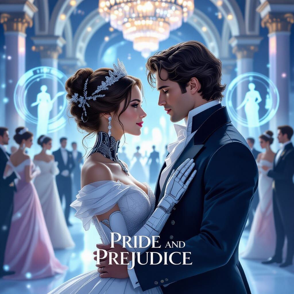 Pride and Prejudice Futuristic Movie Poster with Elegant Cyb...