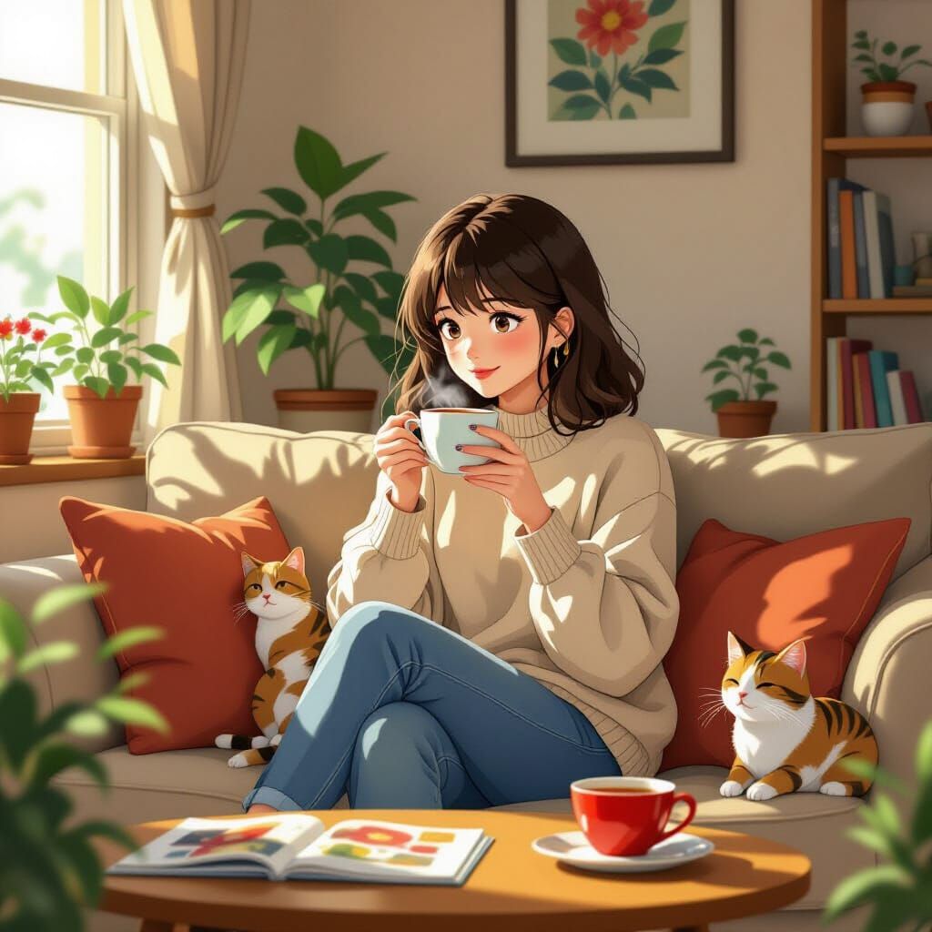 Woman with Cat on Sofa in Ghibli Anime Style
