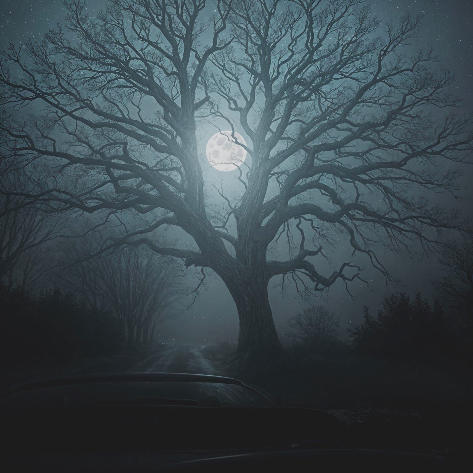 Moonlit Oak Through Windshield: Fantasy Concept Art