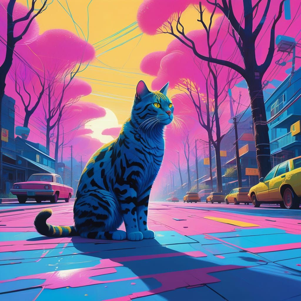Vibrant Psychedelic Feline in Dreamlike Wonderland