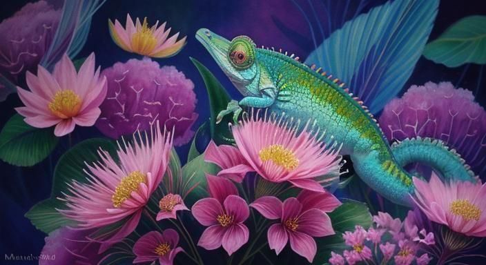 Fauvist Chameleon with Flowers in Forest Light
