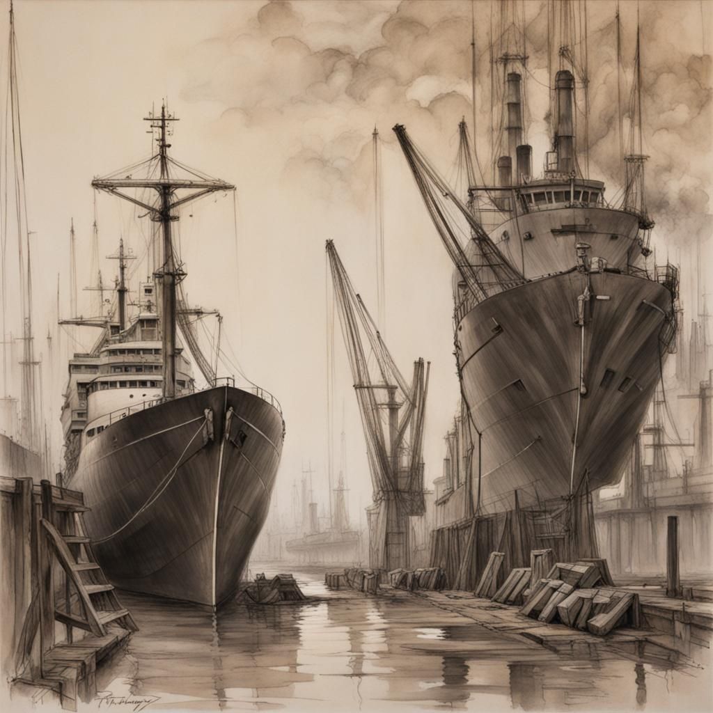 Shipyard Scene in Pencil Wash Style