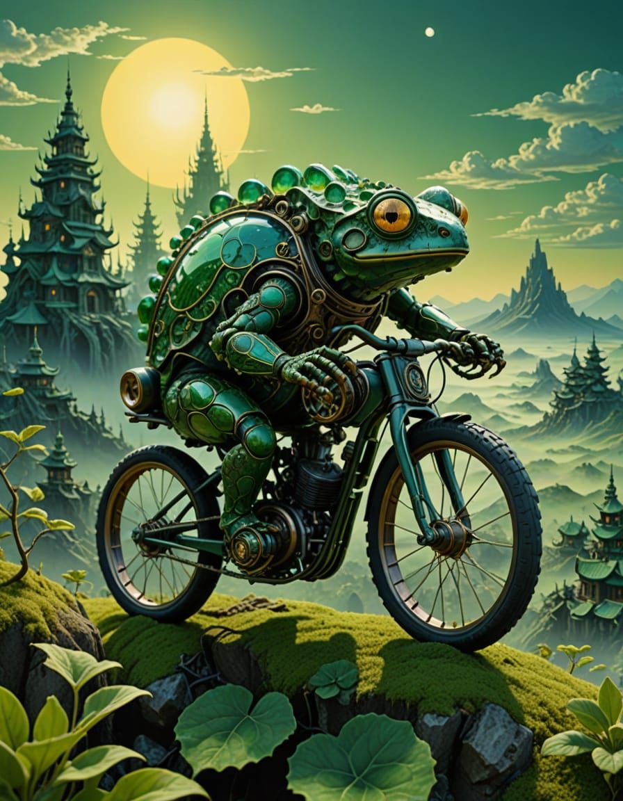 Steampunk Robot Frog Rides Bicycle in Surreal Jade Village