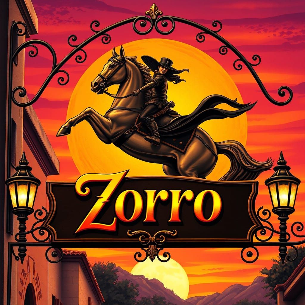 Golden Lettered Sign Rides into Setting Sun with Zorro
