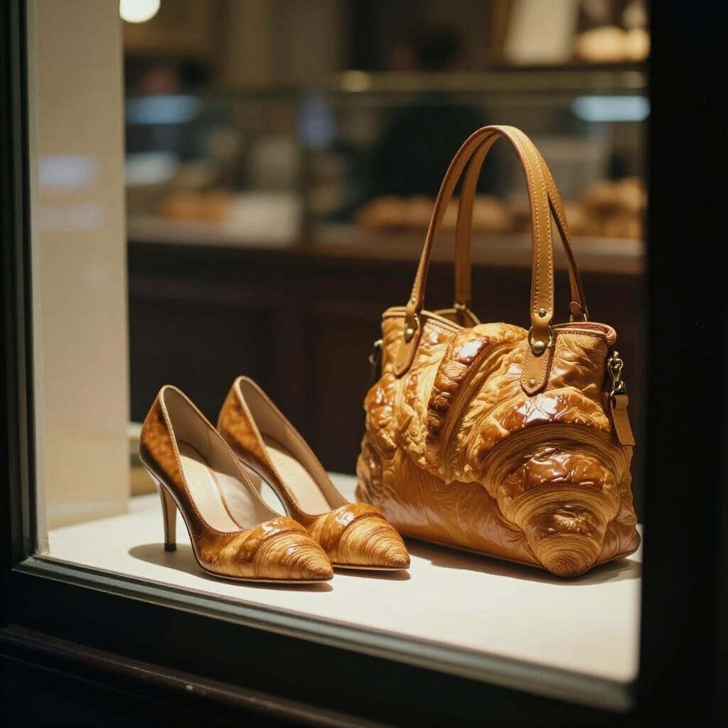 Croissant Heels and Bag in Bakery Window