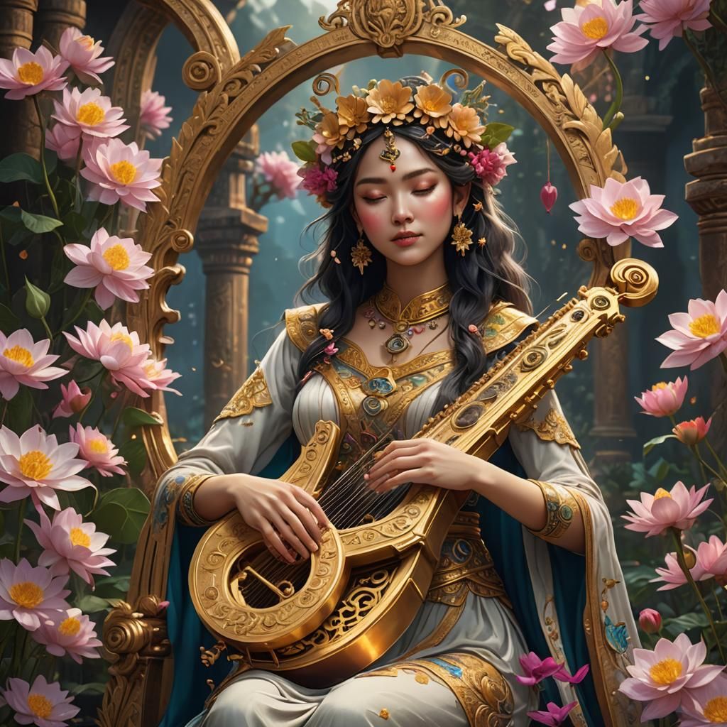 Goddess with Lyre in Mystic Lotus Flowers
