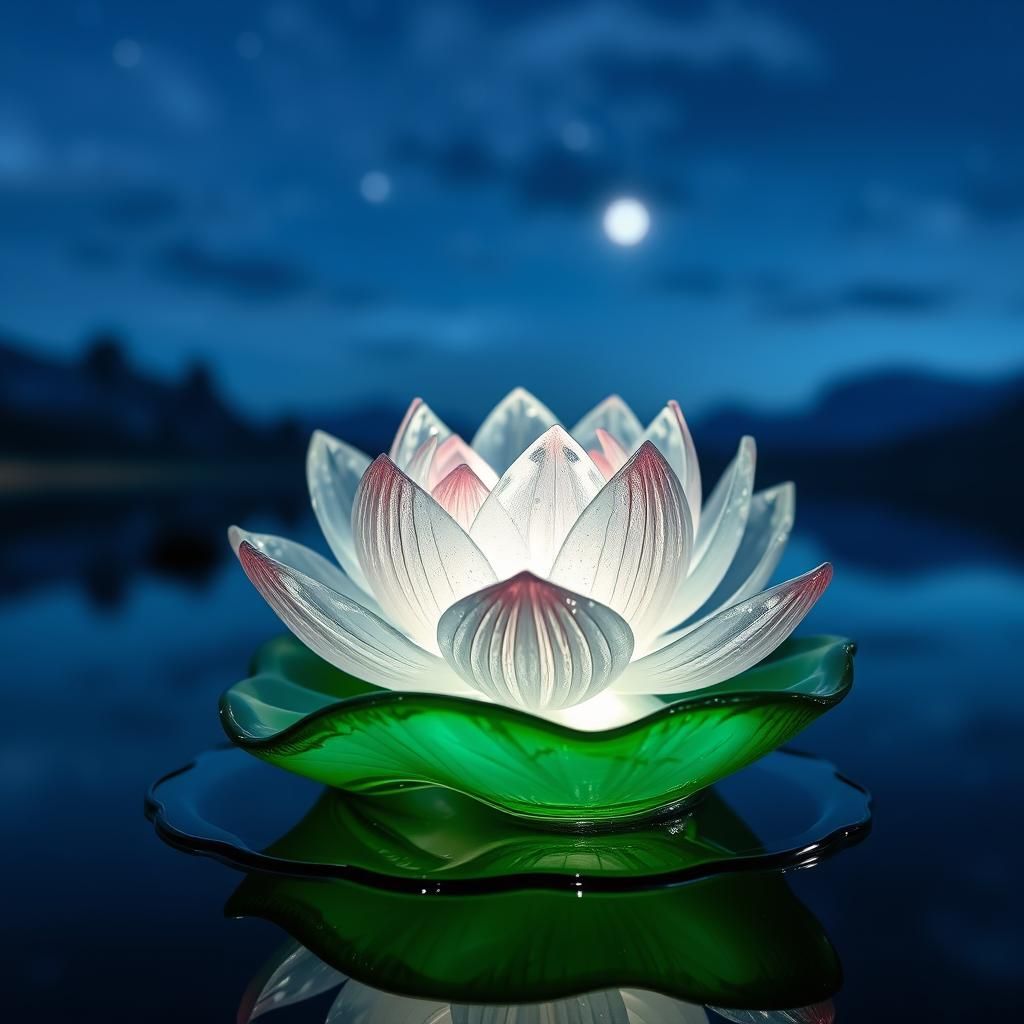 Enameled Glass Lotus Flower on Lake