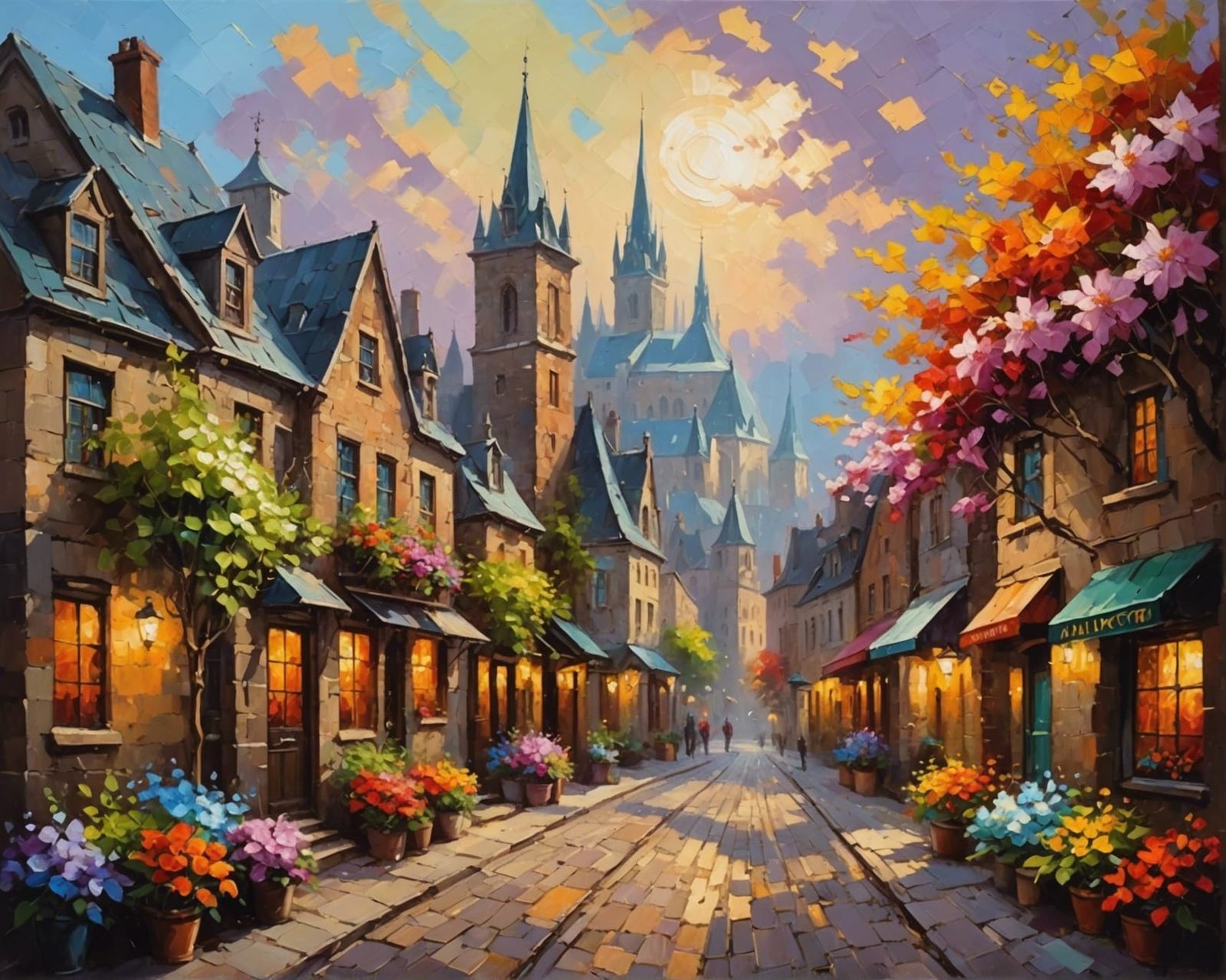 Fantasy Cityscape with Flowers in Impasto Style