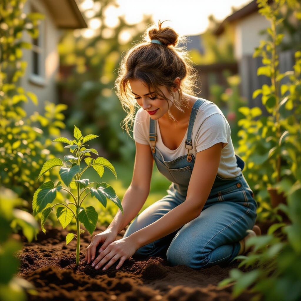 Golden Hour Gardener Planting a Tomato Seedling