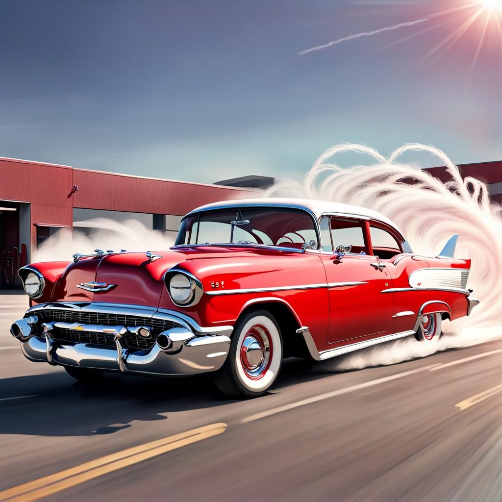 A 1950's cartoon car, rear view in perspective in the style ...