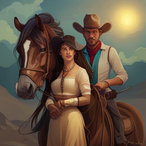 Cowboy saving damsel in distress