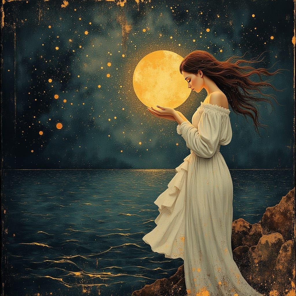 Woman With Glowing Orb of Knowledge Overlooking Starlit Ocea...