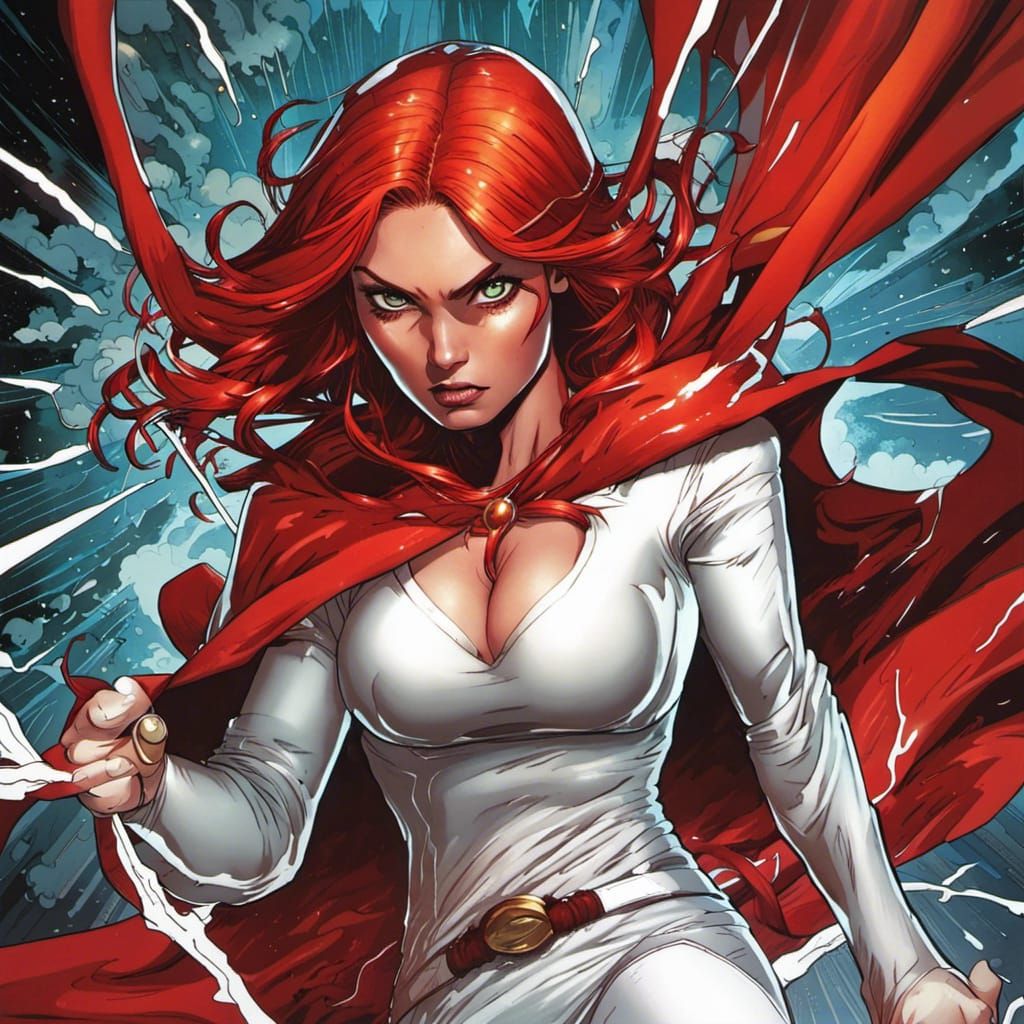 Red-Haired Girl with Laser Eyes in Comic Book Art