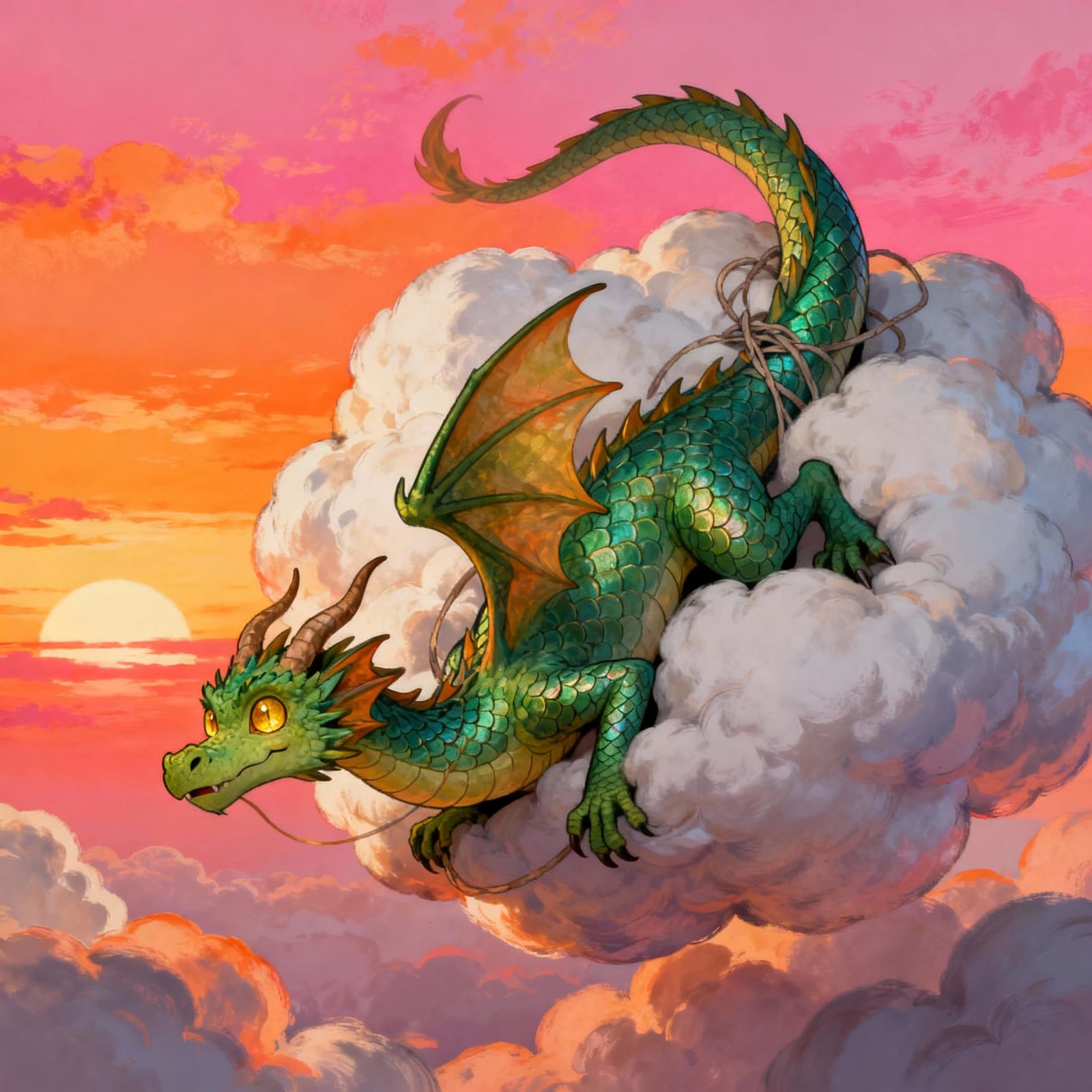 Dragon Tumbles Comically in Fluffy Cloud, Sunset Sky