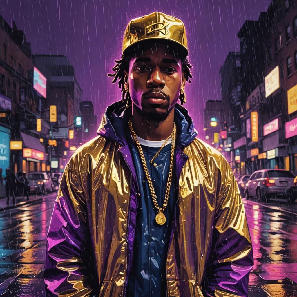 Rapper in Rainy Pop Art Style, Neon Colors