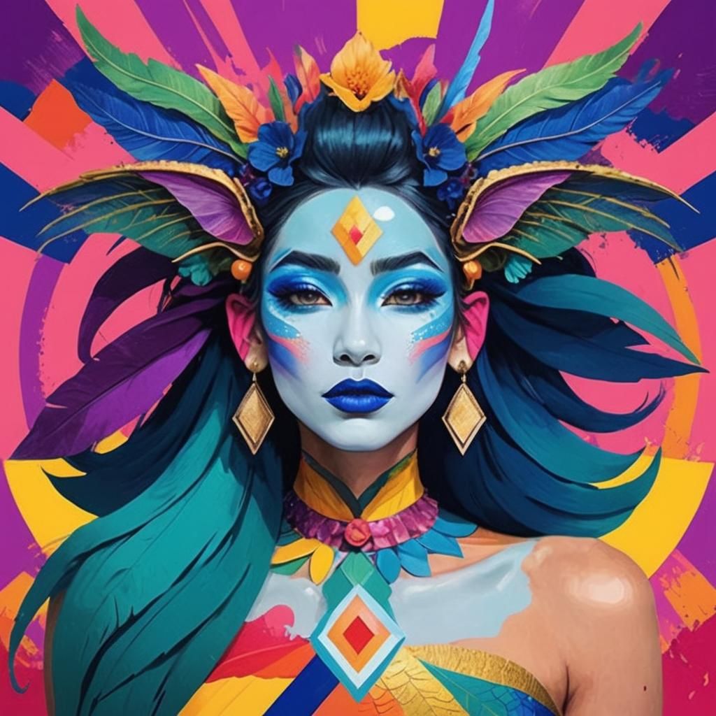 Rainbow Dragon Woman with Flower Crown in Pop Art