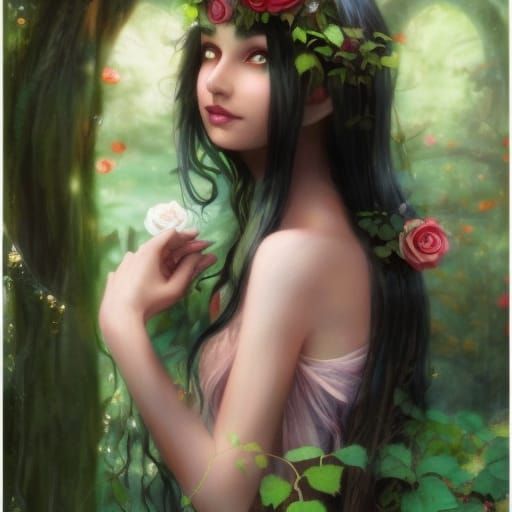 Enchanted Elf in Lake with Roses, Fantasy Art