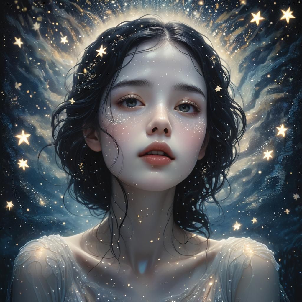 Ethereal Woman Gazing at Starry Night Sky