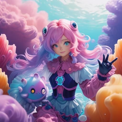 Fluffy Spider Octopus in Pastel Anime Style