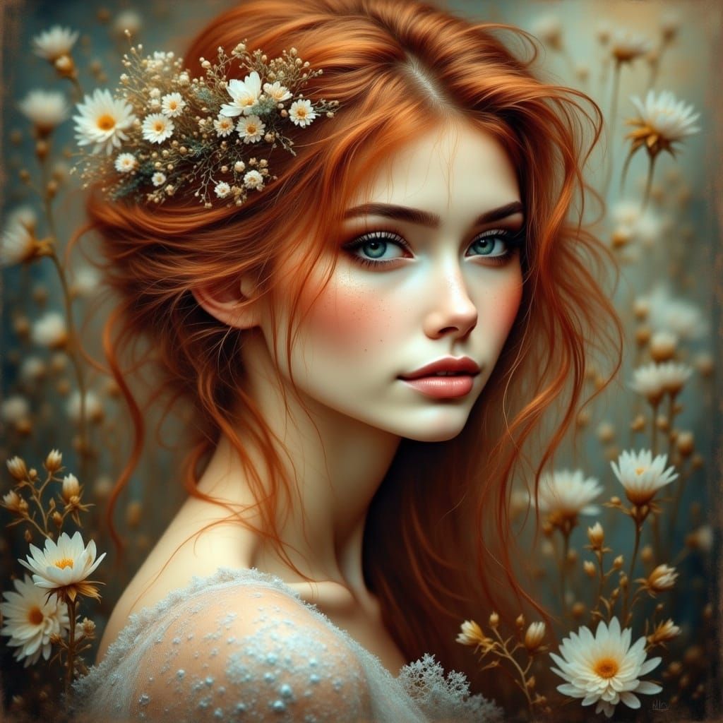 Surreal Auburn-Haired Woman in Antique Watercolor Style