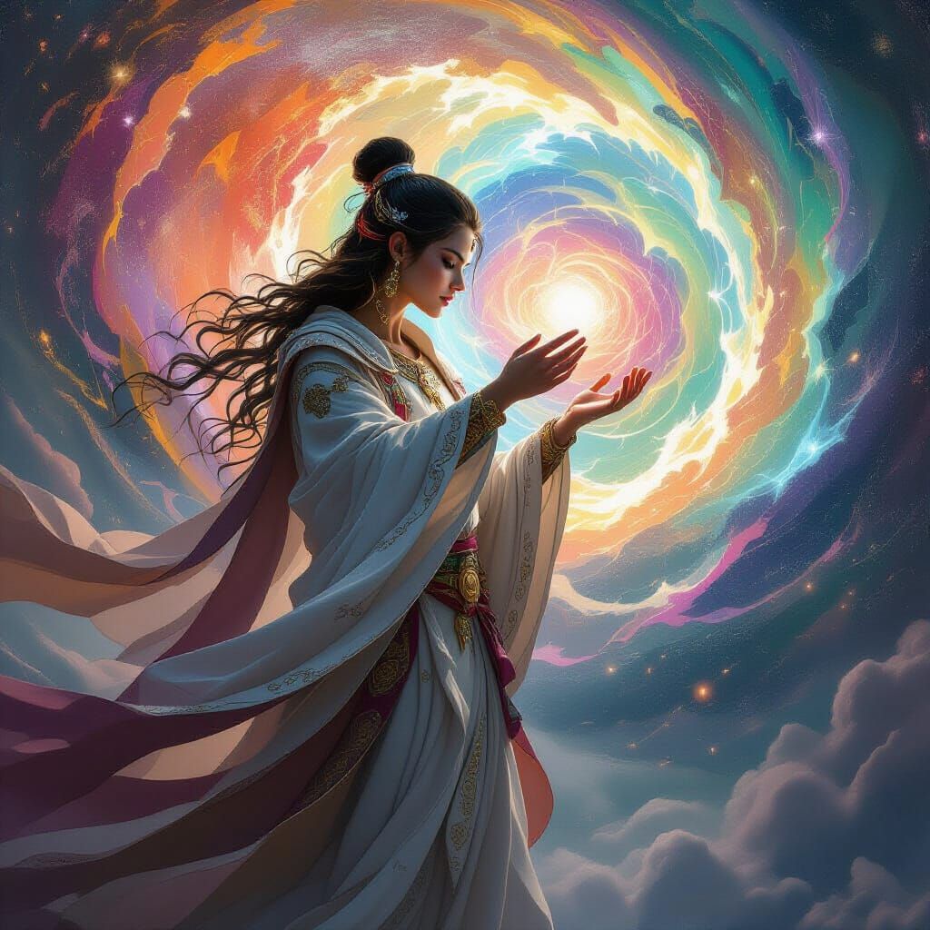 Divine Being Crafts Universe in Sci-Fi Mystical Style