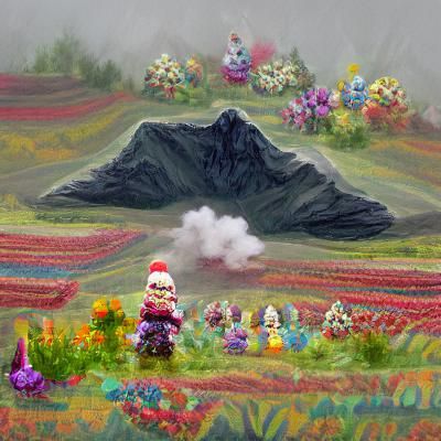Foggy Mountain Over Bright Gnome Meadow