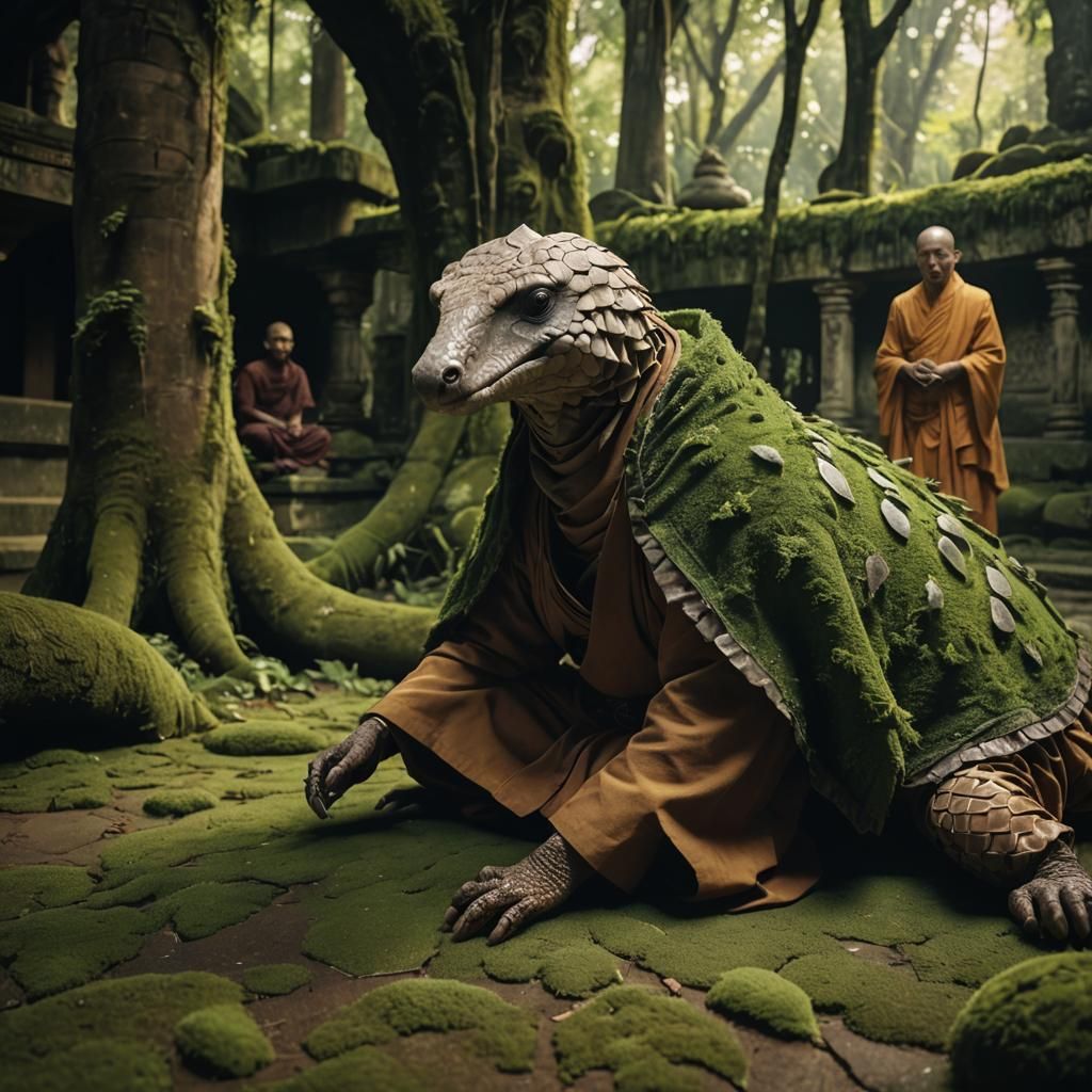 Shamanistic Pangolin Monk in Mossy Monastery