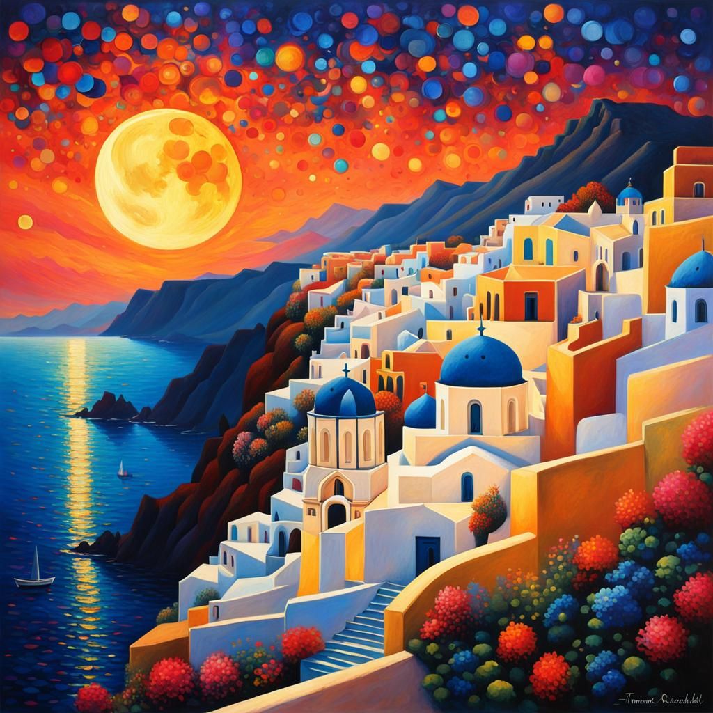 Starry Santorini Shore: A Dark Fantasy Painting