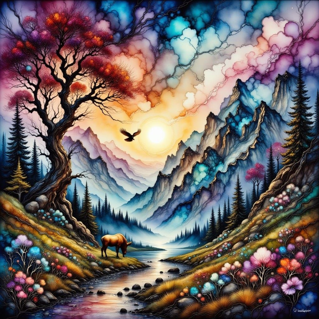 Dramatic Tonalist Landscape Painting with Ancient Trees