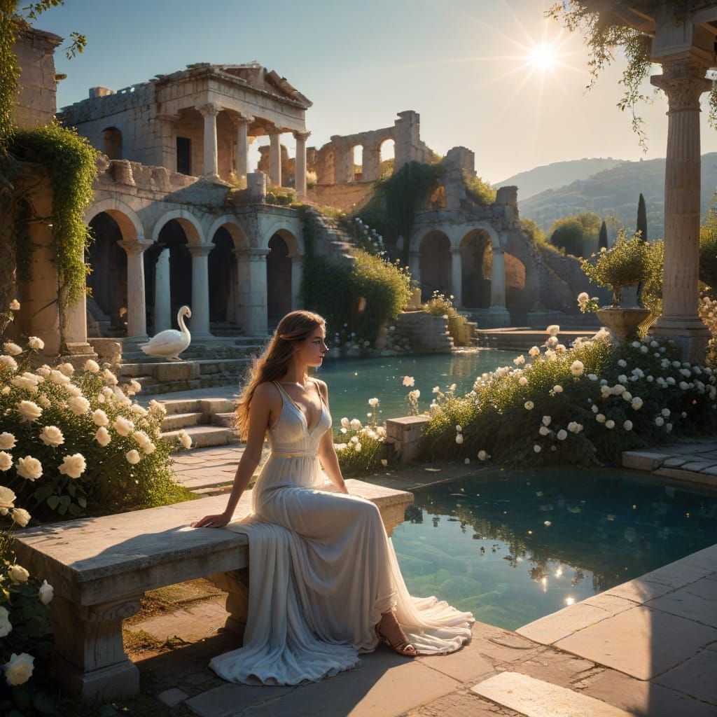 Ethereal Greek Goddess Surrounded by Roses and Ancient Ruins