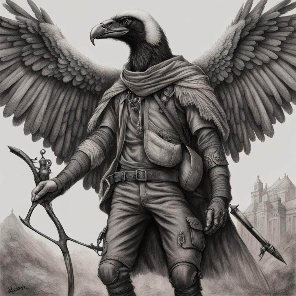 Hyperdetailed Charcoal Drawing of Bird-Man Thief Archer