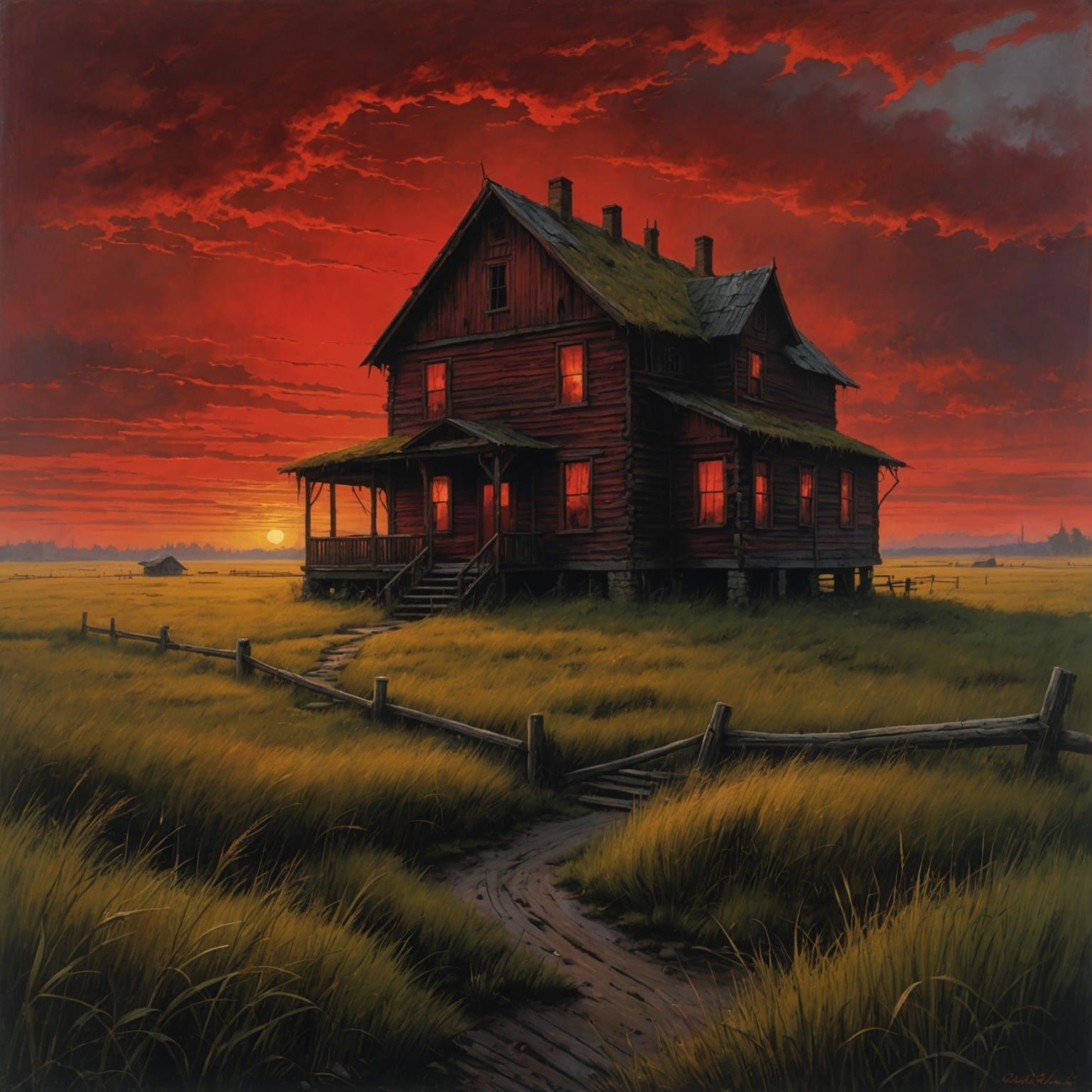 Ominous Rustic House at Sunset: Horror Art