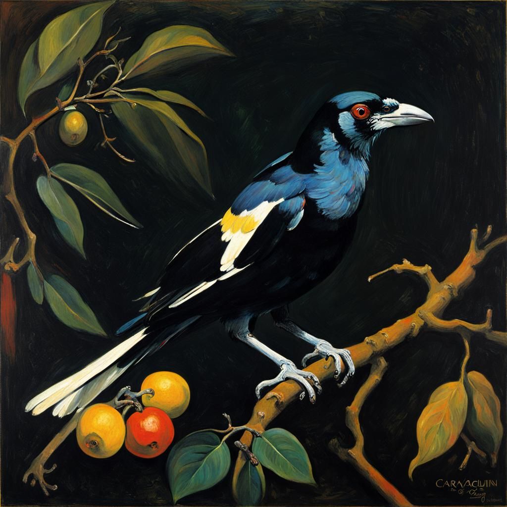 Magpie in Forest: Baroque Painting Style