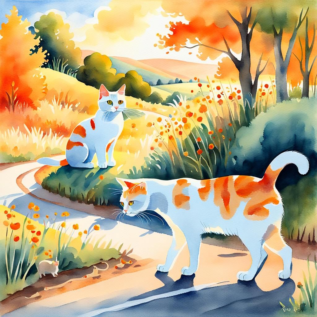 Cats Meet on Country Road in Watercolor