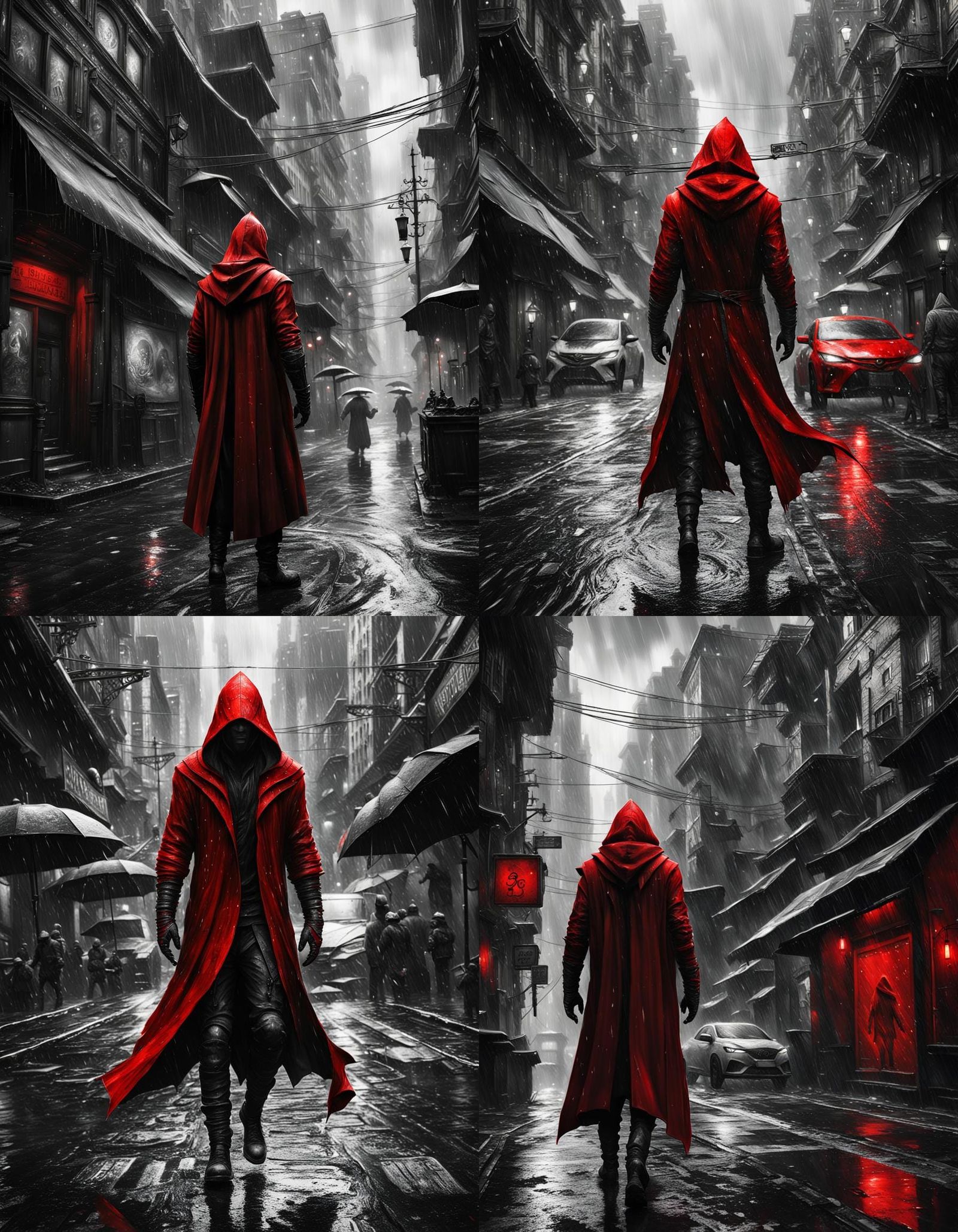 Red Hooded Figure in Rainy Black and White Streets