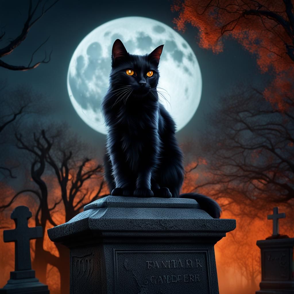 Moonlit Black Cat Portrait in Cemetery