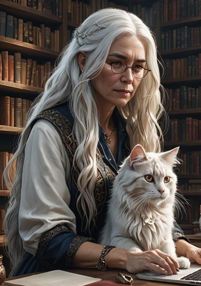 Woman with Cat in Office: Digital Art