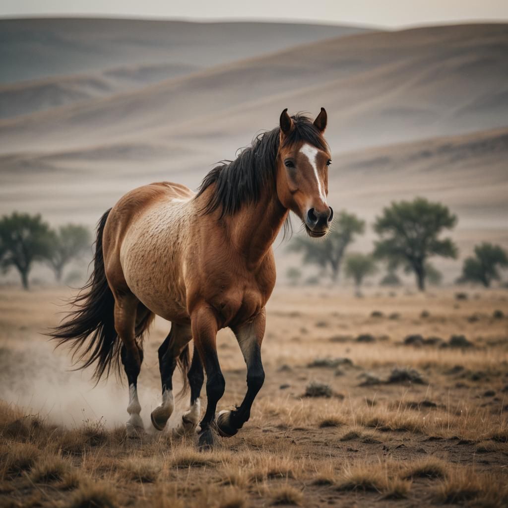Horse Walking on Steppe: Wildlife Photography