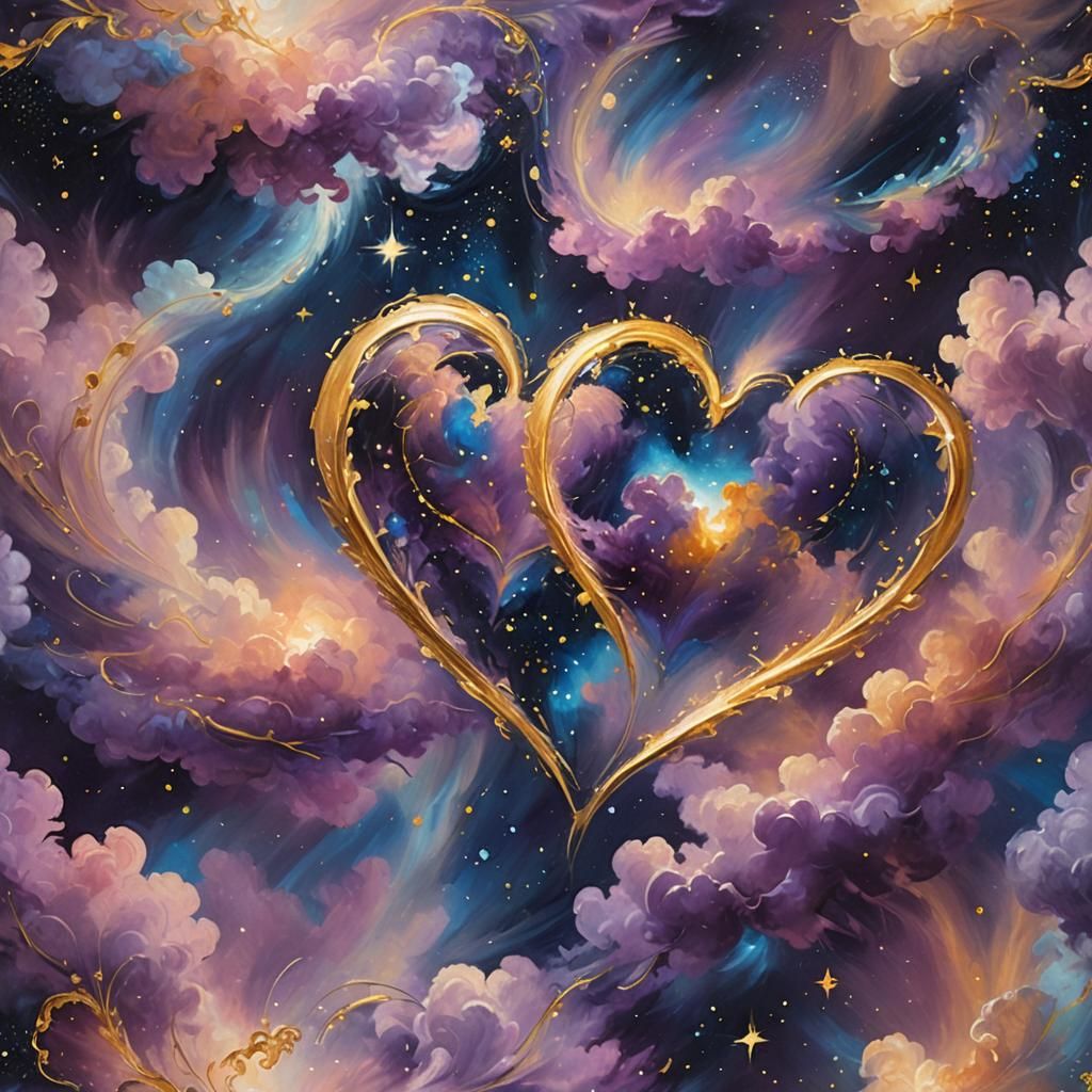 Glowing Hearts Orbit in Starry Sky: Surreal Oil Painting