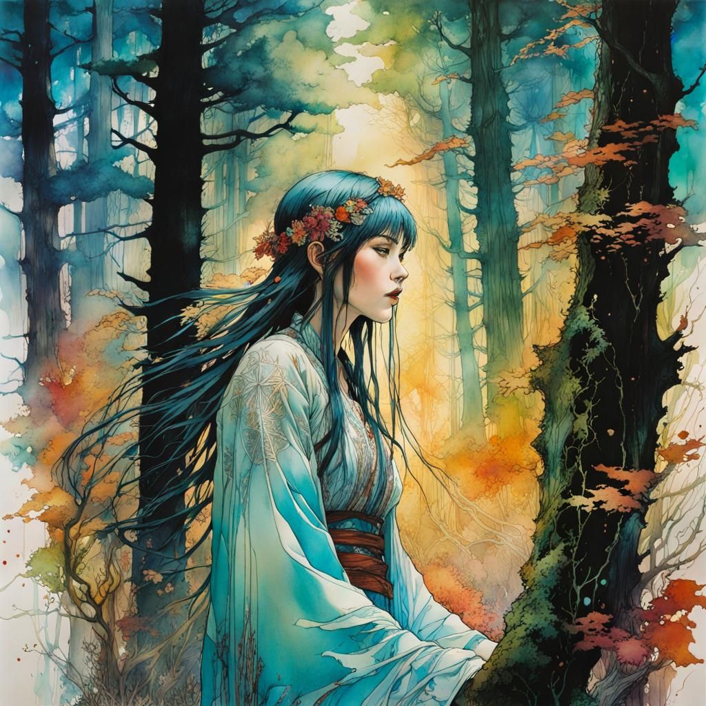 Ethereal Forest Bathing Portrait in Alcohol Ink Style