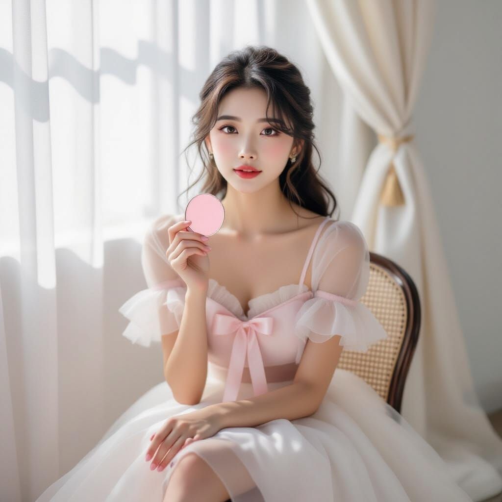 Anime-Inspired Korean Woman in Studio with Pink Mirror