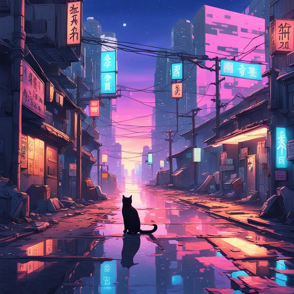 Cats Roam Abandoned City Street in Cyberpunk Style